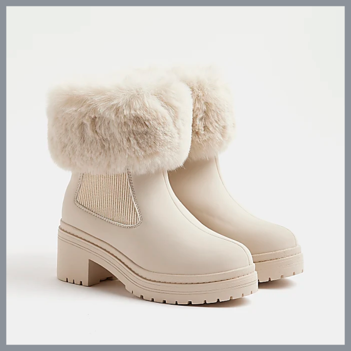 GIRLS CREAM FAUX FUR CUFF HEELED ANKLE BOOTS £33.00